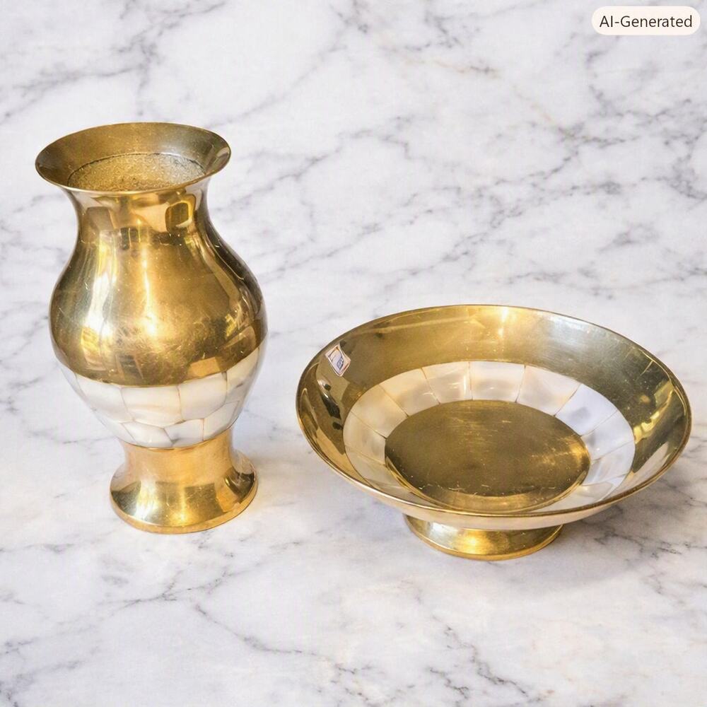 Vintage Brass Vase and Bowl Set with Mother-of-Pearl Inlay, Polished Gold Finish